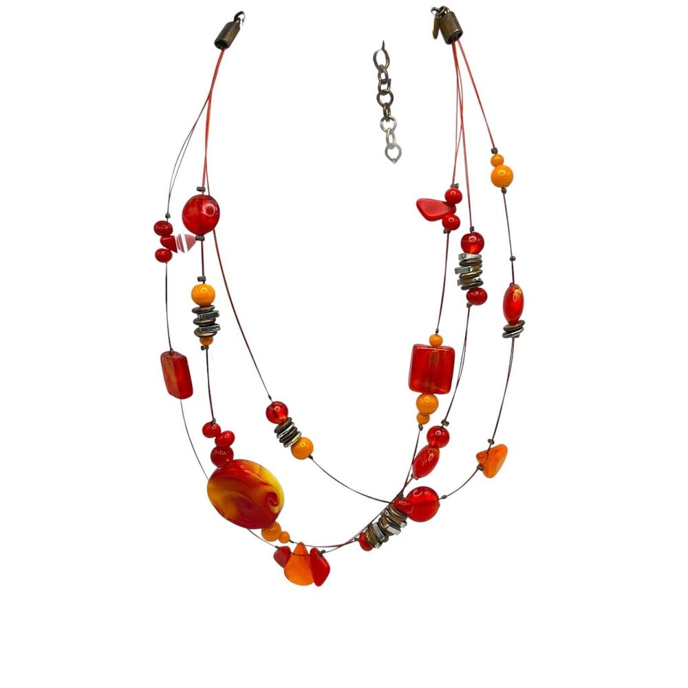 Chico's Necklace Glass Bead Red Orange Yellow Floating Wire 3 Strand 12 Inch